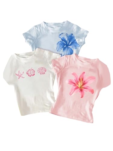 SHENHE Girl's 3 Pack Graphic Tees Y2k Beach Floral T Shirt Short Sleeve Fitted Aesthetic Shirts