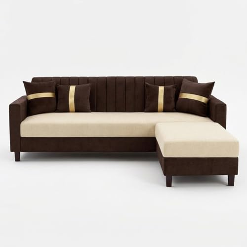 Image of CASASTYLE Korion 4 Seater L Shape Sofa Set with Movable Ottoman | Flexible Left or Right Layout | Cozy Velvet Fabric | Soft Touch Seating | Modern Designer Sofa for Living Room (Dark Brown-Cream)