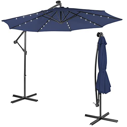 COSTWAY 3M Garden Cantilever Parasol, Outdoor Offset Banana Hanging Umbrella with 32/40 Solar-Powered LED Lights and Tilted Design, Sun Shade Canopy for Poolside, Deck & Patio (Navy)