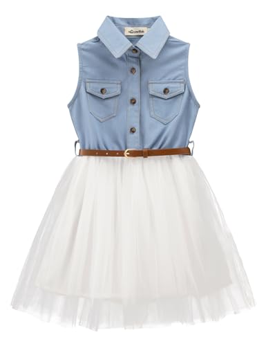 Noomelfish Little Girls Denim Tulle Western Dress Cowgirl Button Down Jean Tutu Dresses with Belt Sleeveless Light Blue/White Size 5-6