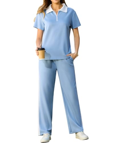 difficort Womens 2 Piece Outfits Summer Lounge Sets, Haze Blue, X-Large