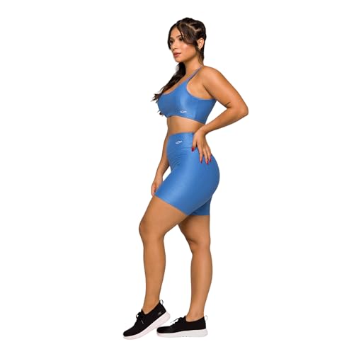 Conjunto Academia Top Alças Finas e Short Fitness Poliamida Treino Coleção Glow (Azul Claro, G)