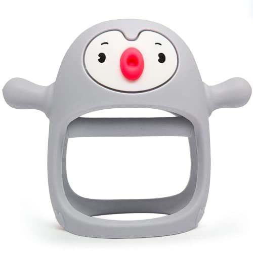 PLAYLO Never Drop Penguin Teether - Bpa-Free Silicone Baby Teether Toy, Perfect Teething Toy For Babies 3-6 Months, 6-12 Months, Easy-Grip Sensory Teething Relief Toys (Light Grey) - Infant