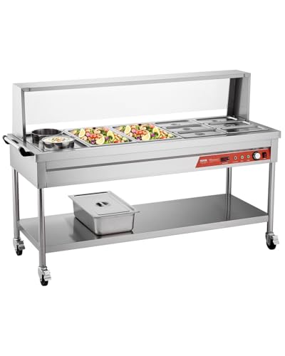 VEVOR Commercial Food Warmer, 8 Pans + 2 Pots Electric Steam Table, 1800W Professional Buffet Catering Food Warmer with Shield Undershelf Wheels, Stainless Steel Server for Party Restaurant