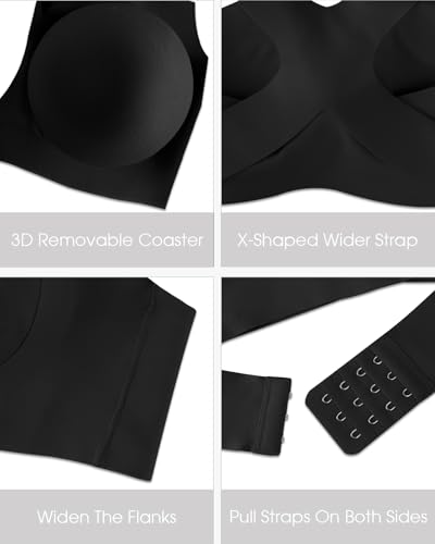 LIIJOO Seamless Wireless Posture Support Bralette for Women, Full-Coverage No-Wire Bra with Gentle Lift & Back-Smoothing, Removable Pads, Adjustable Wide Straps, Everyday T-Shirt Comfort(Black, M)