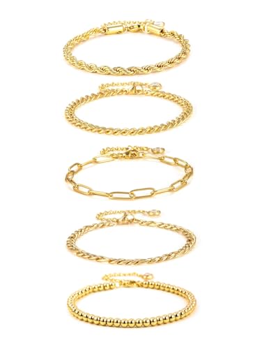 Jwicklirrng-Waterproof Gold Bracelets Set for Women Trendy, Dainty 14K Real Gold Plated Jewelry Fashion Stackable Tennis Beaded Figaro Herringbone Paperclip Link Bracelet Pack Stack Gifts for Women