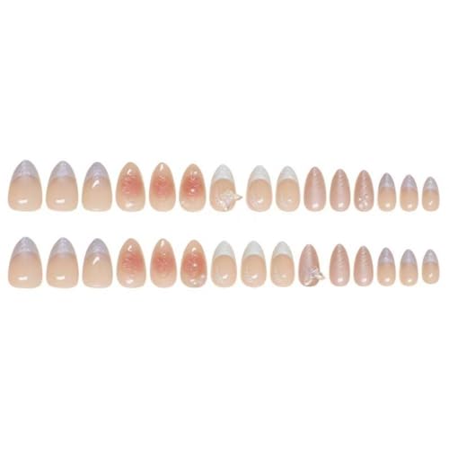 Image of White French Tip Press on Nails 3D Flower Fake Nails with Pearl Design Butterfly Glue on Nails Glossy Acrylic Full Cover Nude Stick on Nail Short Almond False Nail for Women Manicure 24Pcs