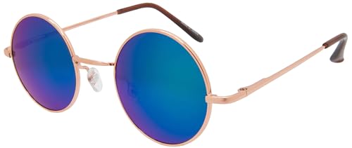 Round Retro Vintage Circle Style Sunglasses Mirrored Blue-Green Lens Metal Frame