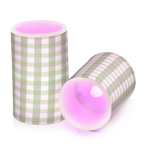 MCHIVER Green Stripes Plaid Flameless Candles with Remote Timer Battery Operated Fake Candles Set of 2 LED Tealight Candles for Indoor Wedding Table Home Decor