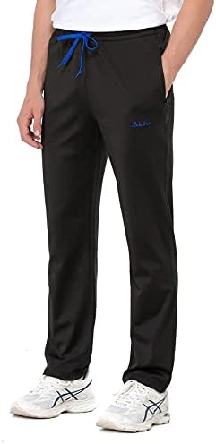 clothin Men's Exercise Pants with Zipper Pockets Elastic Waist Open Bottom Workout Sweatpants for Athletic Running Fitness(Black Blue-M)