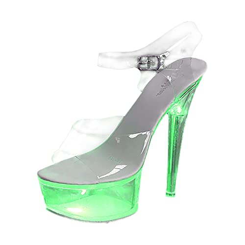 Sandalias bohemias para mujer, de tacón bajo, transparentes, sexy, con luces de colores, plataforma de 15 cm, sandalias para mujer, Green, 37 EU