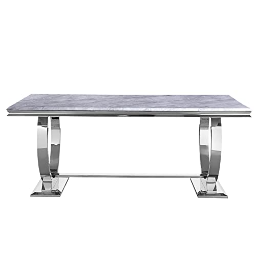 Acedécor Modern Dining Room Table With Silver Stainless Steel Metal U-Base In Grey Silver #TOP3
