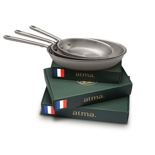 Atma Set of 3 Stainless Steel Triple Layer Frying Pans – Induction Frying Pans 20, 26 and 28 cm with Rivet Handle – PFAS Free and Chemical Coating – Compatible with All Hobs and Ovens – Made in France