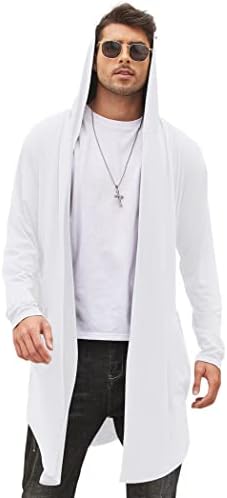 COOFANDY Men's Long Hooded Cardigan Shawl Collar Lightweight Open Front Drape Cape with Pockets White