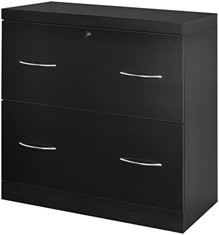 Multigot Filing Cabinet, Lockable Desk Cabinet with 2 Large Drawers, Modern Lateral Storage Cupboard for Office Home (Black)