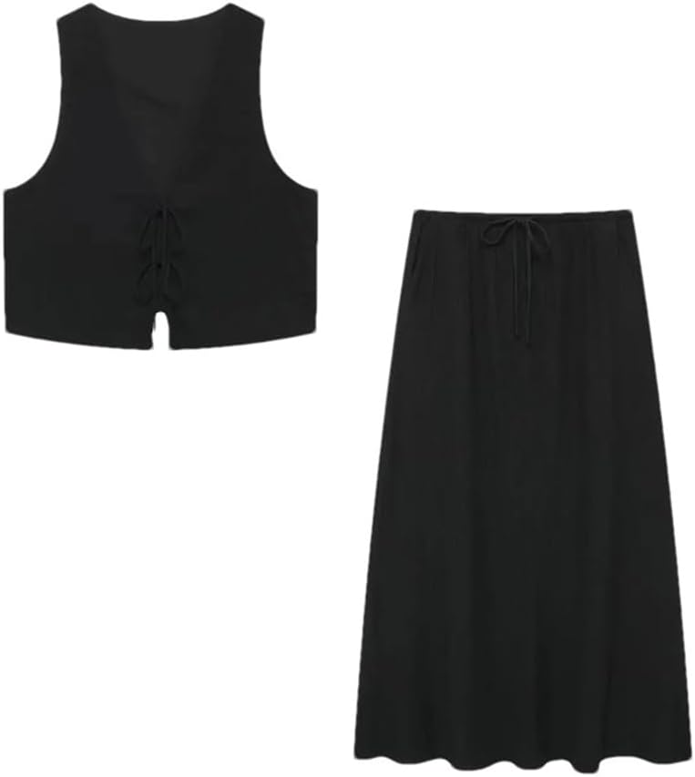 Women's Summer Solid Skirt Set V-Neck Lace-Up Crop Vest Sleeveless Tops and Drawstring Long Skirt Casual Outfit