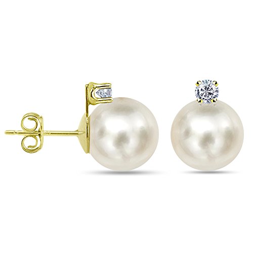 Amazon Collection 18K Yellow Gold 1/5Cttw Diamond With 9-9.5Mm Round White Freshwater Cultured Pearl Stud Earrings #TOP21