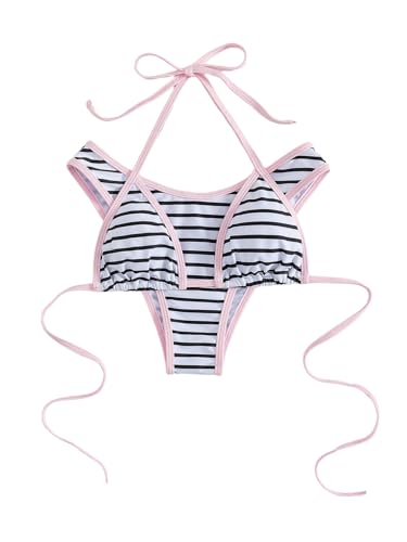 Maillot de bain 2 pièces sexy dos nu avec ficelles et motif rayé chic
