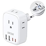 European Travel Plug Adapter, LENCENT US to Europe Type-C Foldable Power Plug with 4 Outlets 4 USB Ports (2 USB C), Power Adaptor for USA to EU Euro Iceland Spain Italy France Germany Greece Portugal
