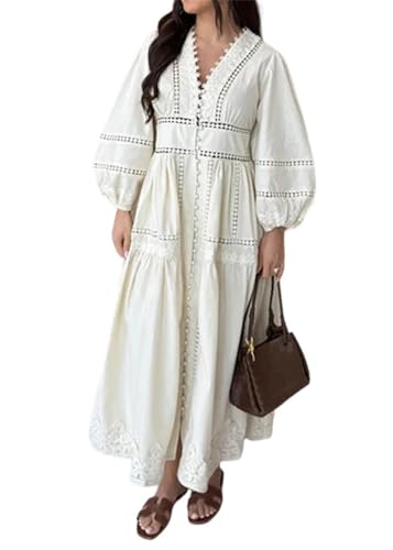 Women‘s Fashion V-Neck Lantern Sleeve Solid Color Long Dress Lace