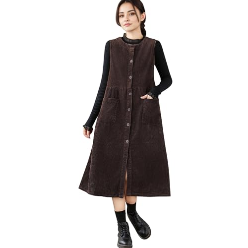 LAEMILIA Damen Cord-Tankkleid mit Knopfleiste, Rundhalsausschnitt, einfarbig, Midi-Lang, Overall mit Taschen, braun, 48