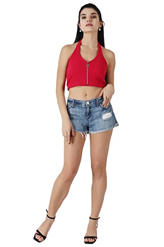 Image of POPWINGS Solid Casual Sleeveless Regular-Fit Crop Tops for Women with Front Chain| Crop Tops for Women Stylish Western Summer Wear