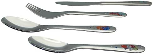 EXZACT Childrens Cutlery 4pcs Set Stainless Steel/Kids Cutlery/Toddler Utensils/Flatware - 1 x Fork, 1 x Safe Dinner Knife, 1 x Dinner Spoon, 1 x Dessert Spoon with Illustrations
