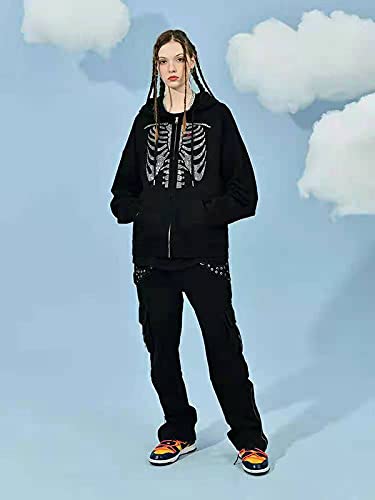 Women's Y2K Rhinestone Skull Hoodie Zip Up Oversized Casual Drawstring Hoodie E-Girl 90S Streetwear Jacket Tracksuit(G-Black,S） #TOP3