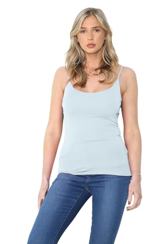 janisramone® Womens Cami Strappy Bodycon Tank Tops, Plain Sleeveless Scoop Neck Vest Tops Women UK, Stretchy Slim Fitted Gym Wear, Casual Summer Ladies Vests Sky Blue