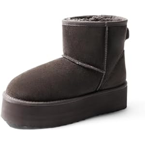 DREAM PAIRS Genuine Suede Classic Platform Boots for Women Water Resistant FuzzyClassic Ankle Winter Snow Low Boots with DIY Bows Faux Fur Lining Memory Foam Anti-Slip 11 Brown