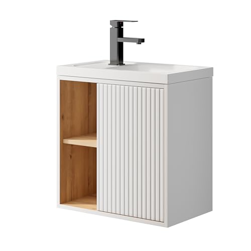 UEV Waschtisch mit Unterschrank hängend 50,5cm,Gäste-WC Waschtisch kleine, Waschbecken mit Wasserhahn, Waschtischunterschrank, Waschplatz ausreichend Stauraum,Badmöbel Set für Badezimmer weiß