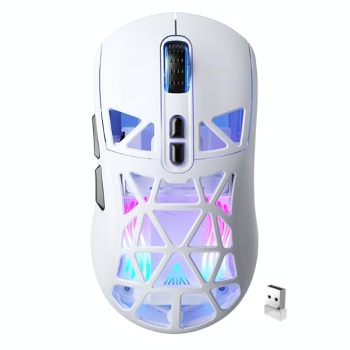 SM802 White Wireless Gaming Mouse,10000 DPI,Tri-Mode Wired/BT 5.0/2.4GHz Wireless Mouse Gaming with Side Button,RGB Programmable Macro Mouse for Lapto
