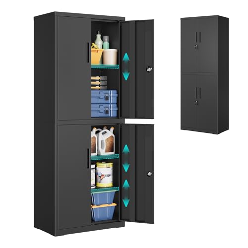 SONGMICS Armario de Garaje de 5 Estantes con 4 Puertas, Armario de Oficina, 40 x 60 x 180 cm, 2 Cerraduras, Estantes Ajustables, Gabinete de Metal, Negro Mate OMC017BD01