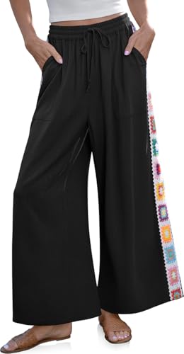 TARSE Women Wide Leg Linen Pants Boho Crochet Trim Drawstring Palazzo Pants, Black, Medium