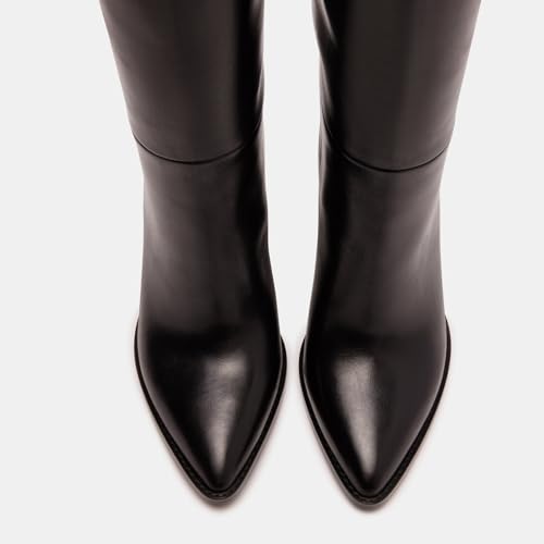 Knee High Black Boots - Women's Pointed Toe Tall Boots with 3.5 In Chunky High Heel & Pull On Faux Leather3