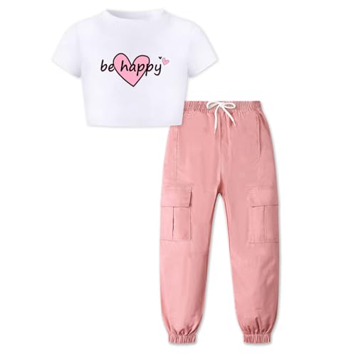 Image of Betusline Cute Clothes for Teen Girls, White Short Sleeve Crop Tops for Girls and Cargo Jogger Pants Outfits, 11-12 Years = Tag 160