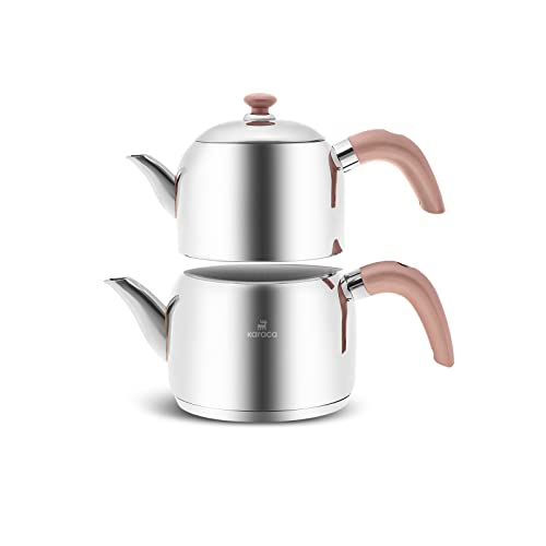 Karaca Edge Mini Induktion Base Teekanne Rose Set Teekanne: 1 Liter + Teekannendeckel Trinker: 1,5 L Volumen: 2,5 Liter Türkische Teekanne, Caydanlik, Demlik, Teekocher, Tea Pot
