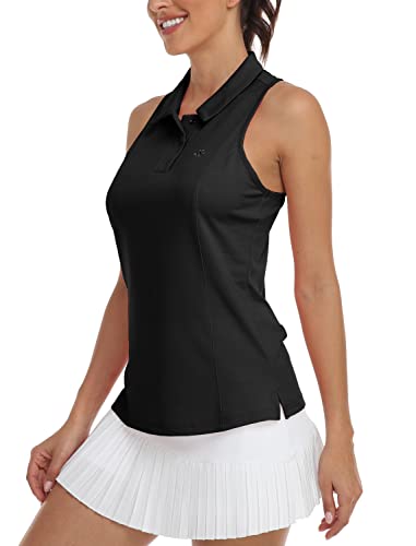 MoFiz Débardeur Sport Femme Coton Polo sans Manche Golf Tennis Tops avec Collier Noir M