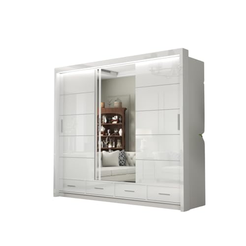 DELUXEWARE Modern 2 & 3 High Gloss Sliding Door Wardrobe with Mirror & Led Light – MDF Bedroom Wardrobe with Drawers, Hanging Rail, & Shelves for Bedroom Furniture (White, 255cm)