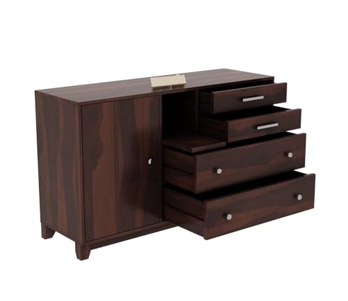 Image of Sheesham Wood Wooden Chest of Drawers: 4 Drawers & 3 Shelves Sideboard Dresser with Ample Storage Space (Harold)