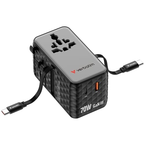 Adaptateur de voyage GaN 70W Verbatim universel noir avec câbles intégrés