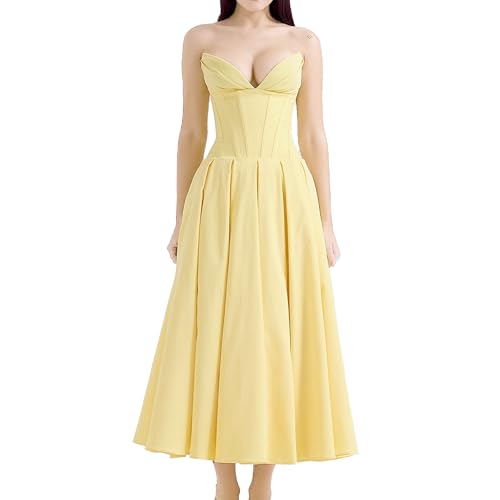 Robe longue jaune col en V froncé ajustée taille M pour sublimer la silhouette en soirée