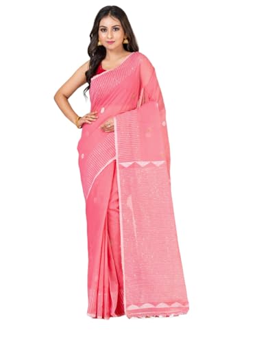 Image of Handloom Muslin Tissue Jamdani Cotton Silk Saree with Sequins Blouse