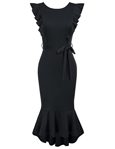 GRACE KARIN Damen Bodycon Cocktailkleid Slim Wrap Rundhals Rüschensaum...