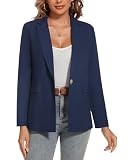 MINTLIMIT Women's Blazers & Suit Jackets Button Front Long Sleeve Cotton Linen Jacket Blazers Casual Workwear with Pockets,L,Navy Blue