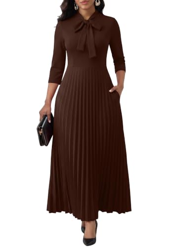 Image of FANDEE Maxi Dress for Women Formal 3 /4 Sleeve Pleated Empire Long Dress Semi Formal Tie Neck Office Work Dresses