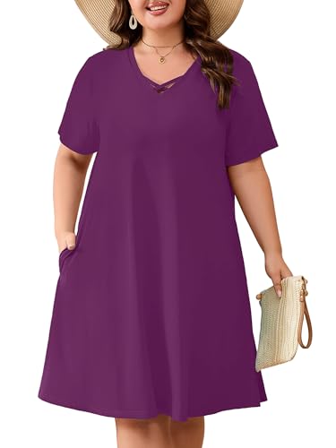 AusLook Plus Size Midi Dress for Women Purple 1X Short Sleeve V Neck Criss Cross A Line Summer Casual Vacation Dress T-Shirt 2026 Sundresses with Pockets