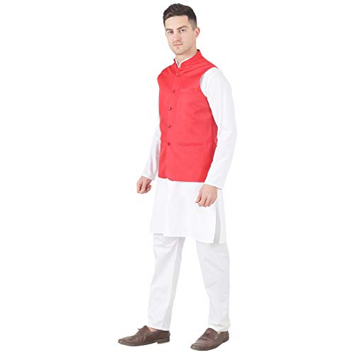 Image of TAHVO Men's Nehru Jacket /Waistcoat /Modi Jacket Cotton Fabric /Men 's 5 Button Nehru Jacket with Hanky Kurta Set