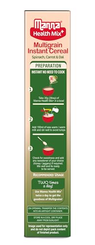 Image of Manna Health Mix Instant Multigrain Cereal, Spinach, Carrot, Dal with Milk. Made with Real Vegetables and 8 super grains and millets. No Added Sugar, No Artificial Color, Flavors 200g