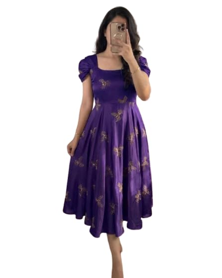 Purple Organza Anarkali Gown for Women with Gold Embroidery | Puff Sleeves | Flared Ethnic Dress-image-18
